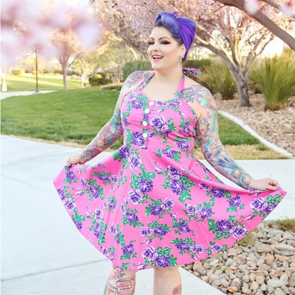 Pink Floral Halter Swing Dress